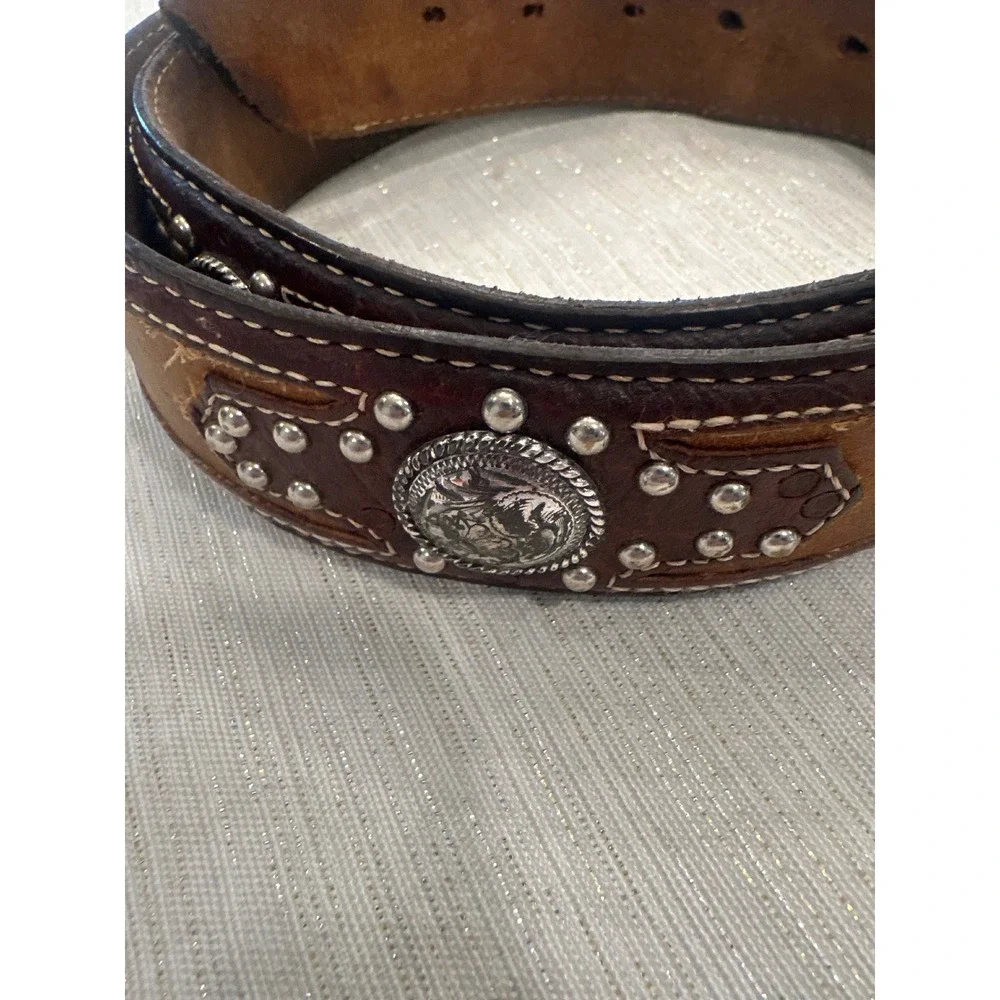 Tony lama Mens Western Belt Brown Leather Studded Concho C41238 Size 42 buckle